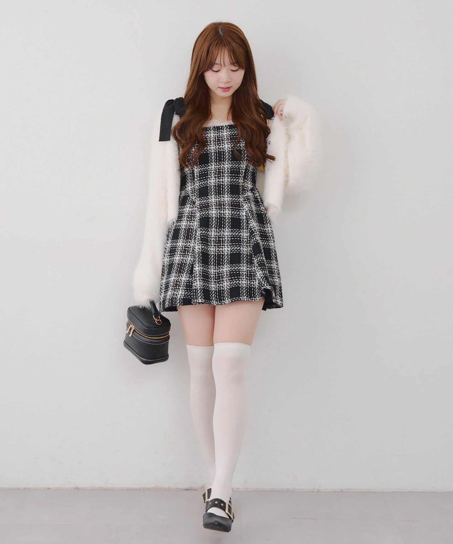 【Tweed Collection】肩帶蝴蝶結呢料迷你連衣裙