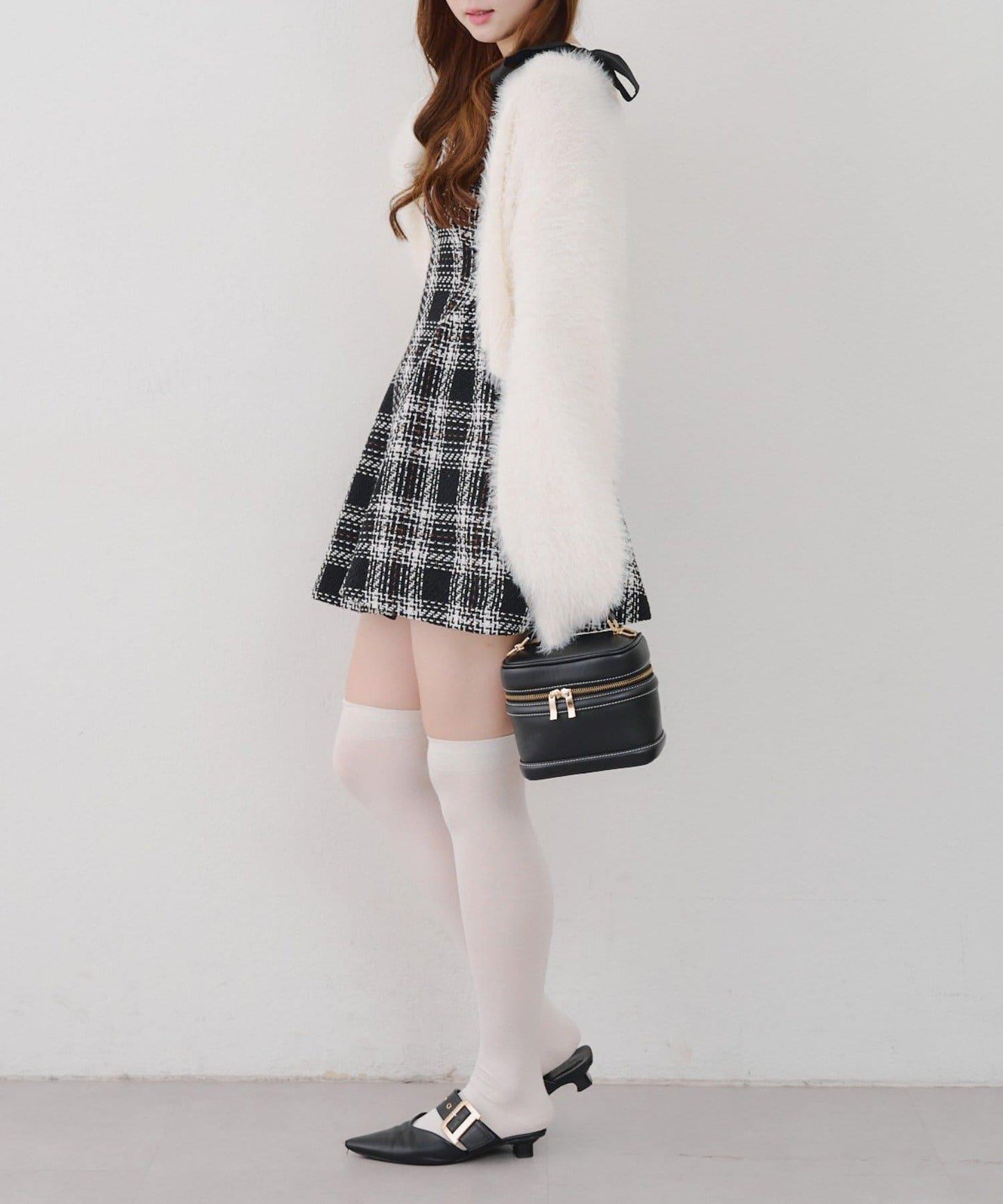 【Tweed Collection】肩帶蝴蝶結呢料迷你連衣裙