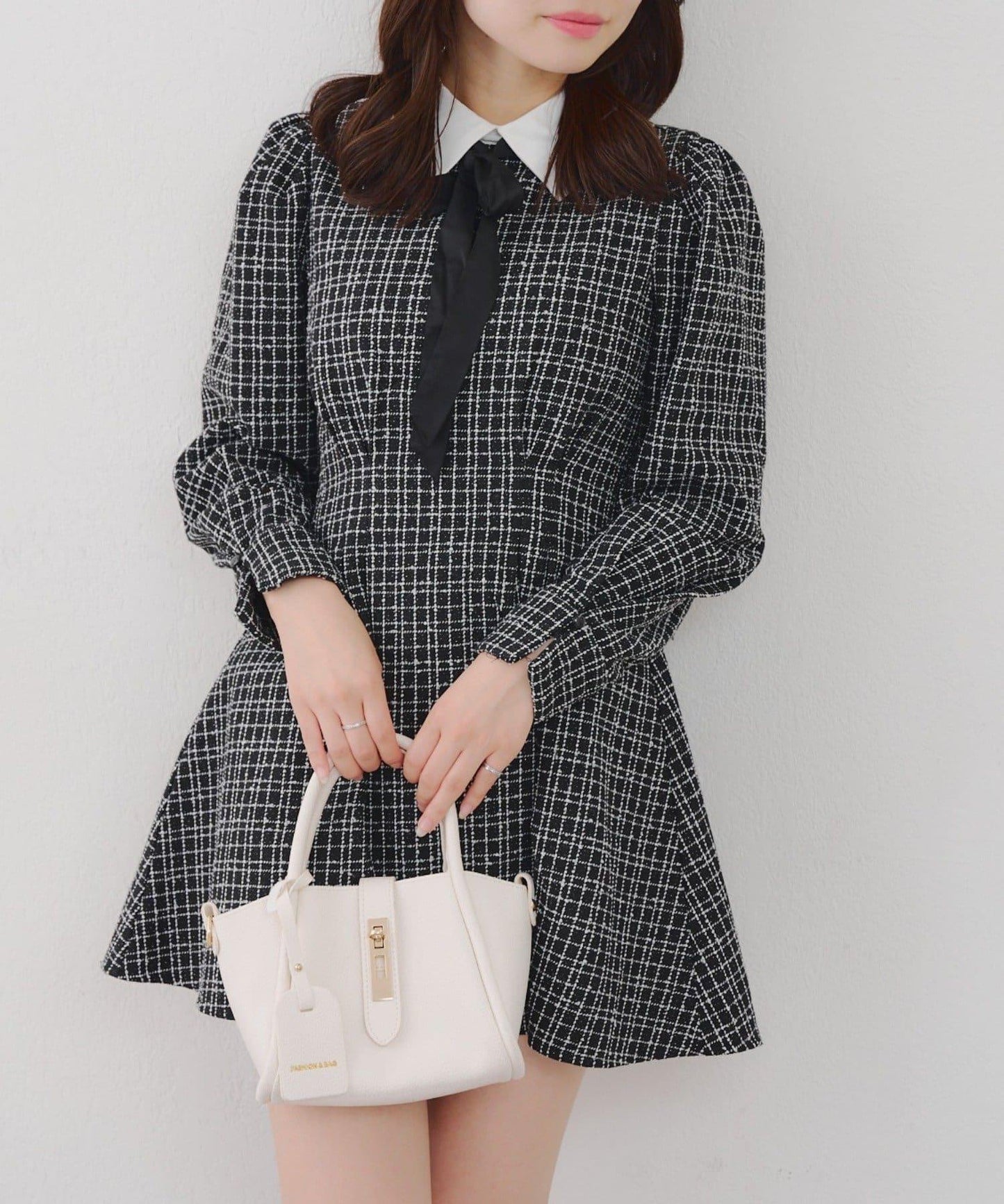 【Tweed Collection】拼色領口粗花呢迷你連衣裙