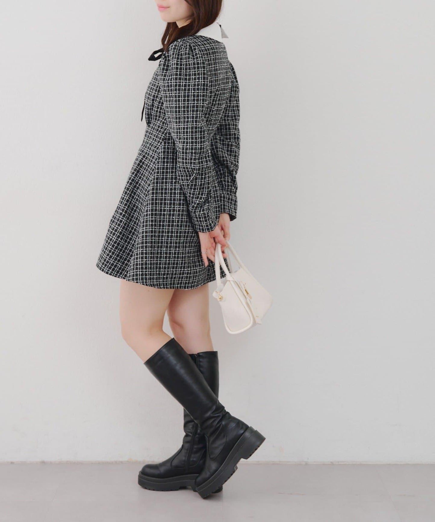 【Tweed Collection】拼色領口粗花呢迷你連衣裙