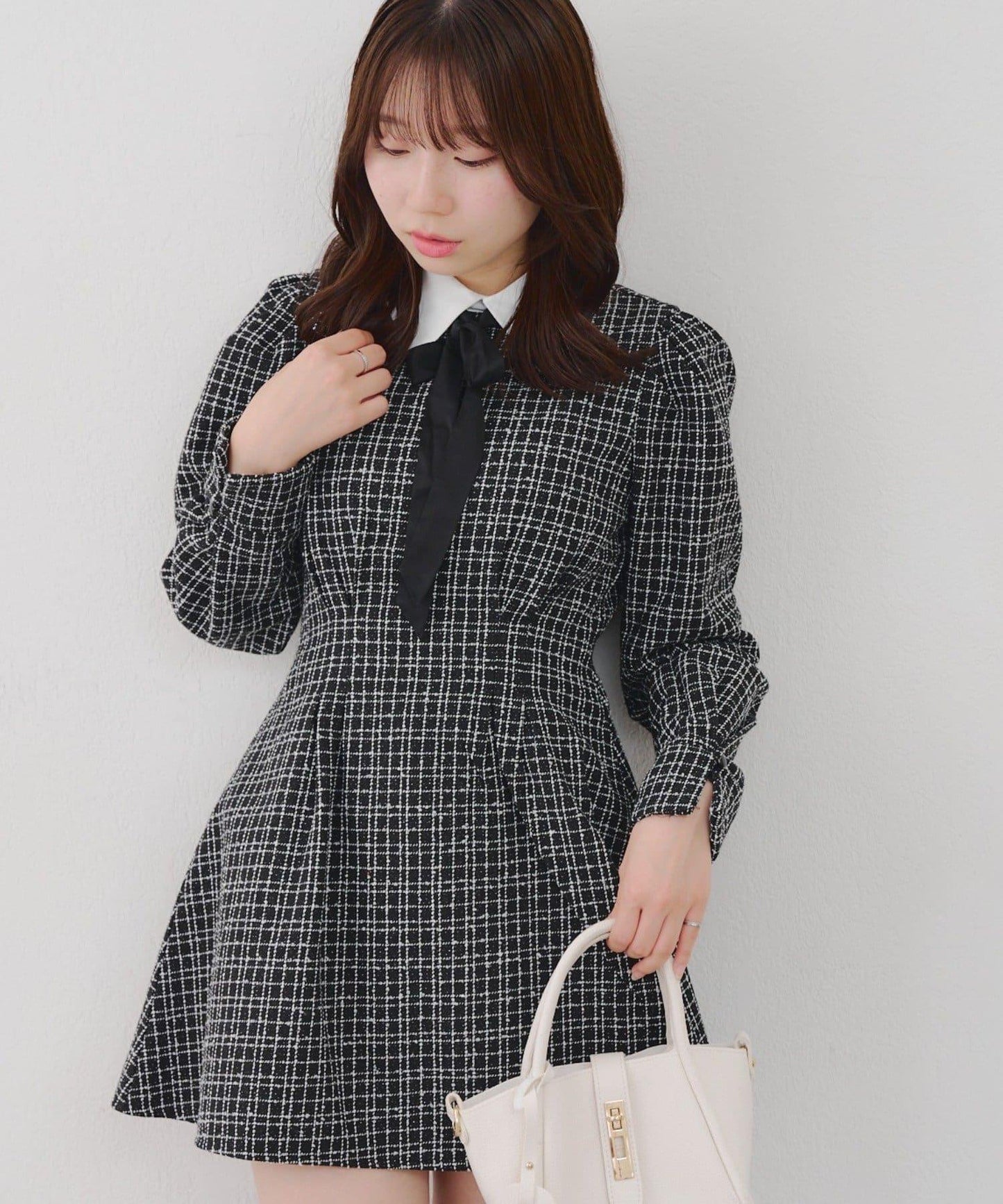 【Tweed Collection】拼色領口粗花呢迷你連衣裙