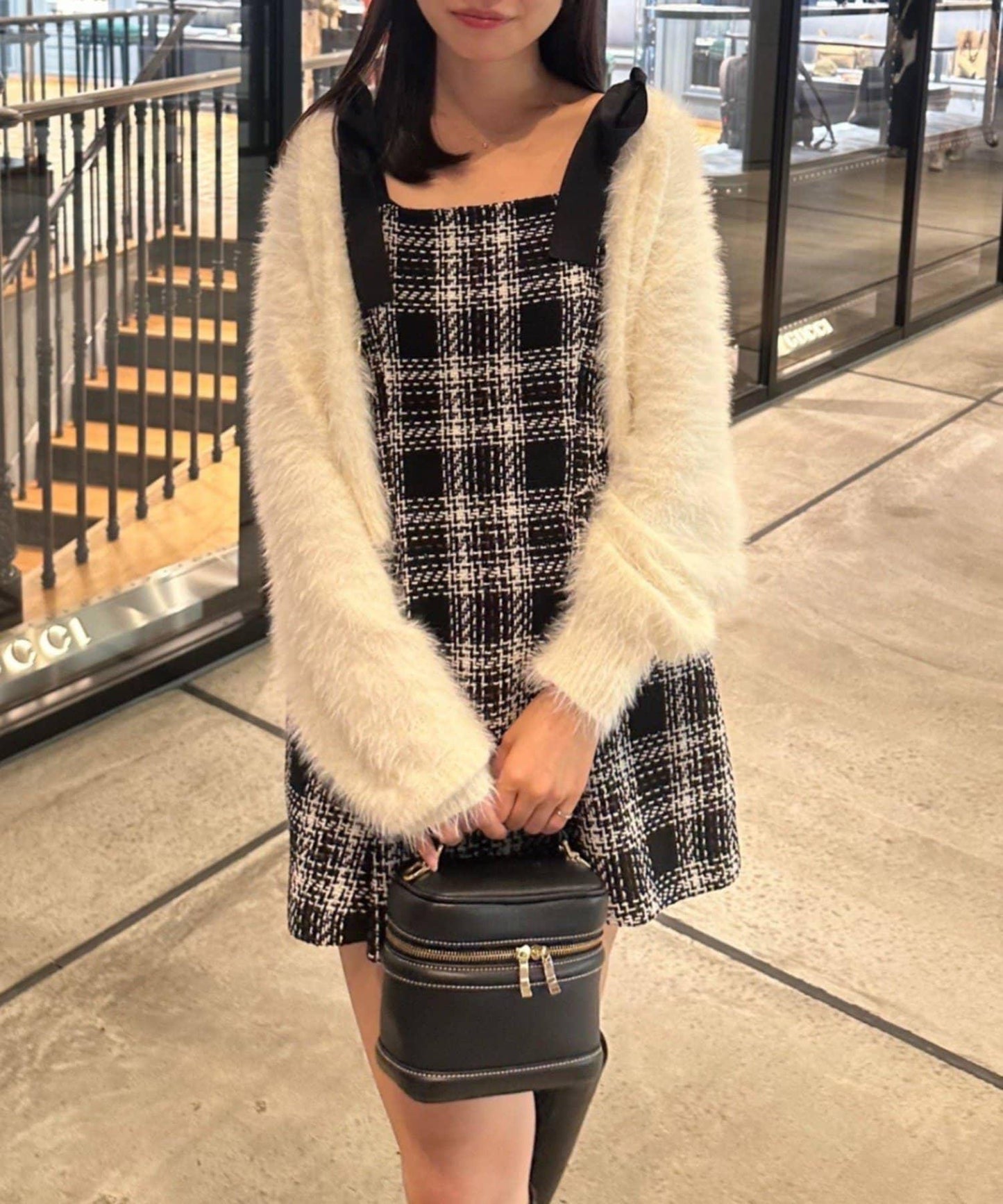 【Tweed Collection】肩帶蝴蝶結呢料迷你連衣裙