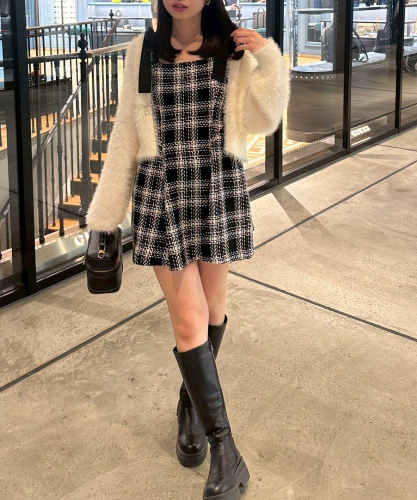 【Tweed Collection】肩帶蝴蝶結呢料迷你連衣裙