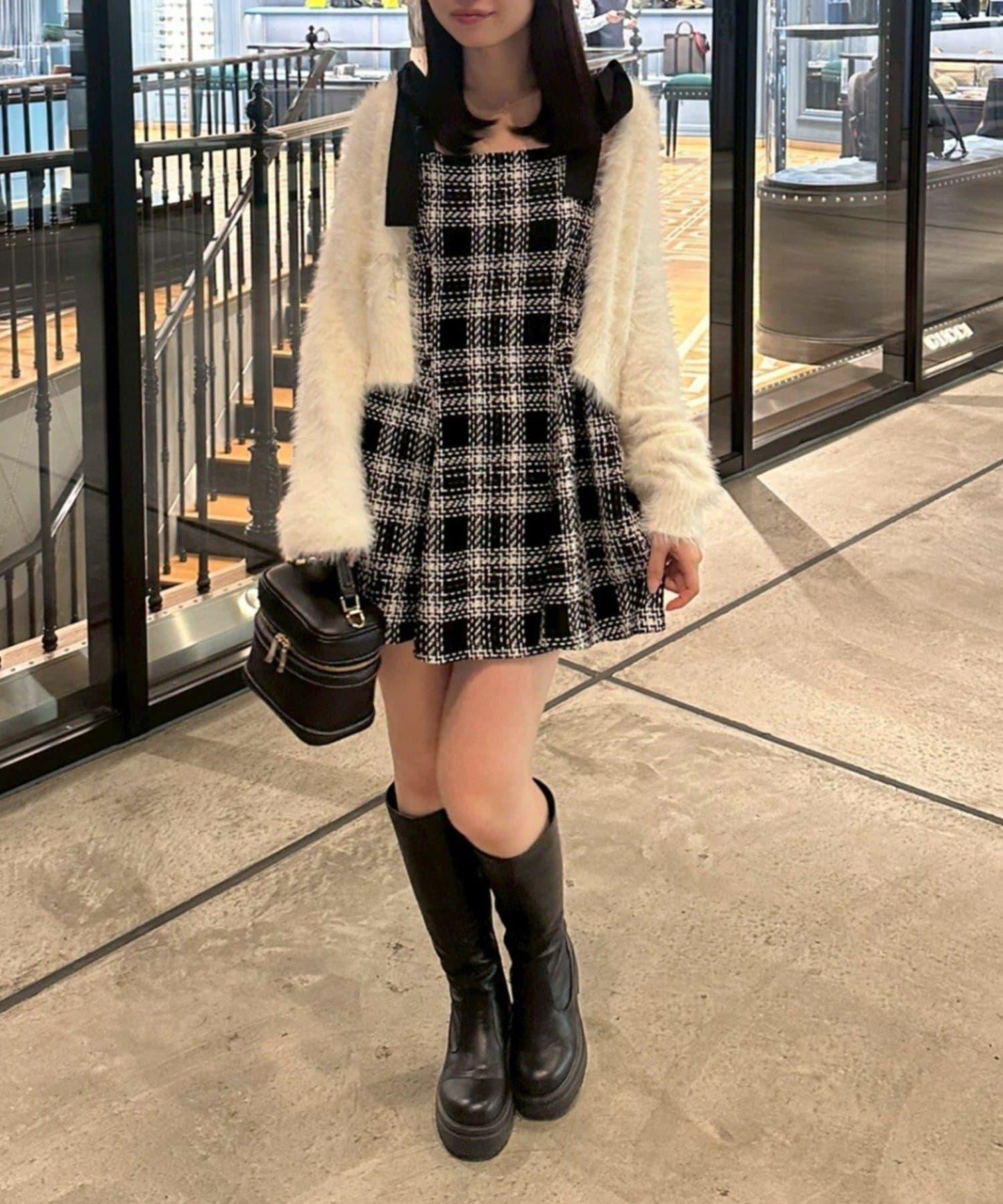 【Tweed Collection】肩帶蝴蝶結呢料迷你連衣裙