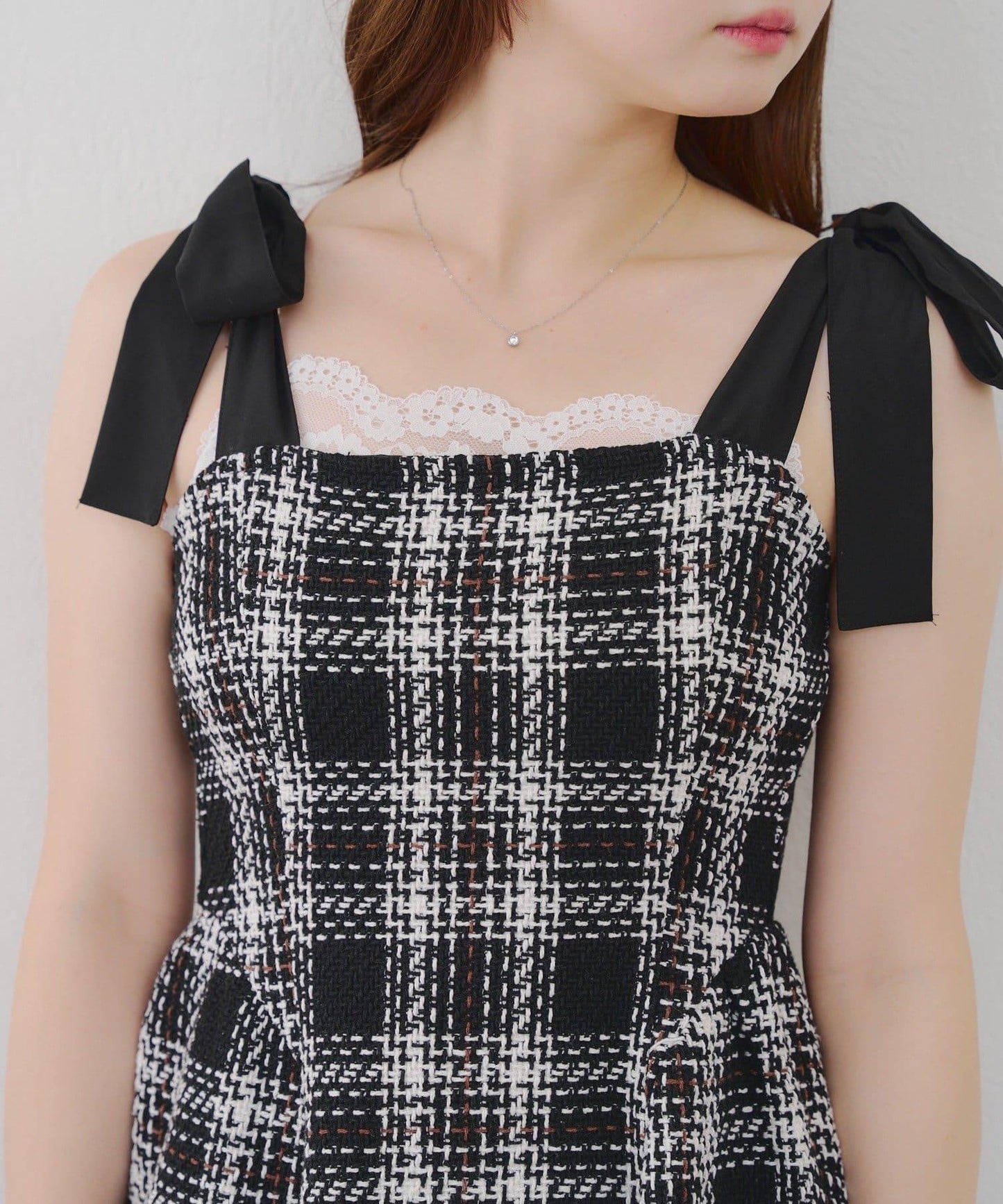 【Tweed Collection】肩帶蝴蝶結呢料迷你連衣裙