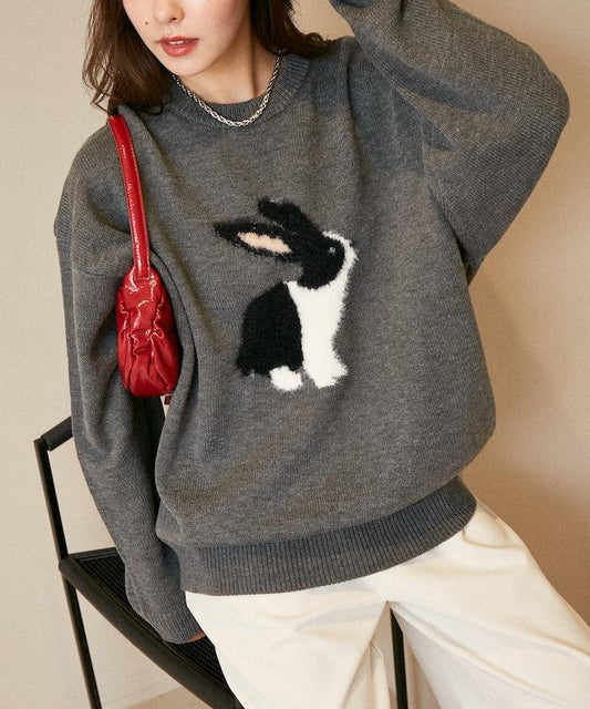 長絨絨刺繡兔子圖案針織衫