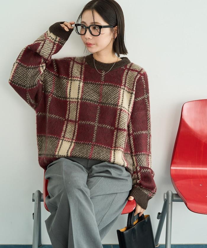 寬鬆版型格子針織套頭衫