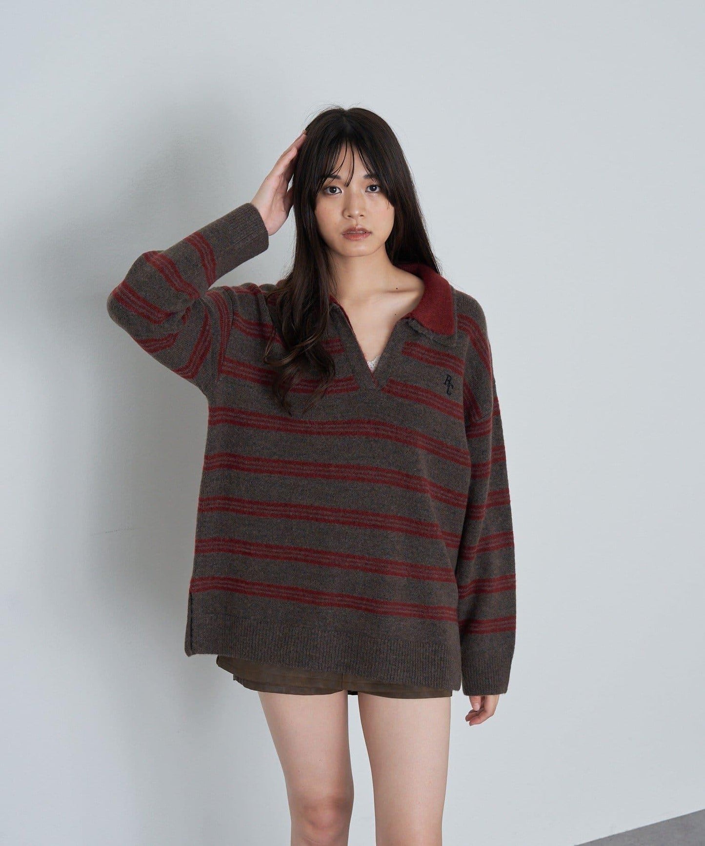 條紋翻領刺繡針織衫