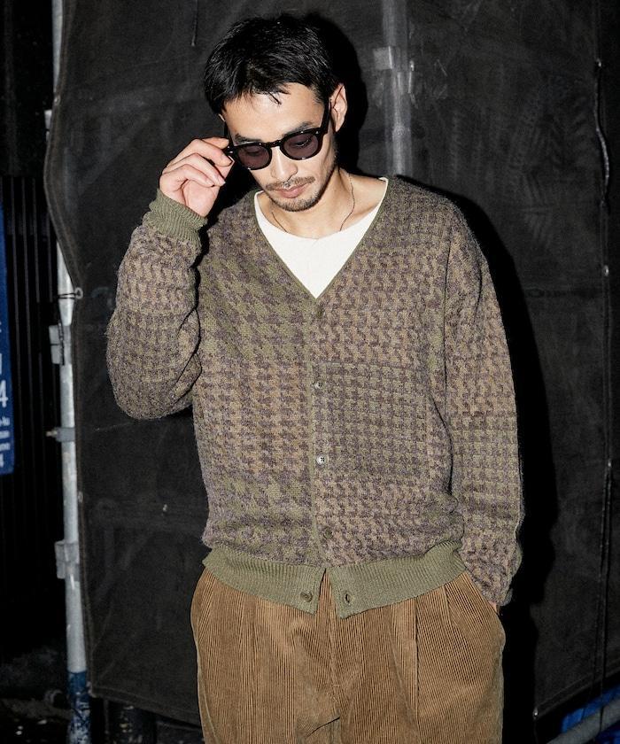 寬鬆版拼接提花格紋針織開衫