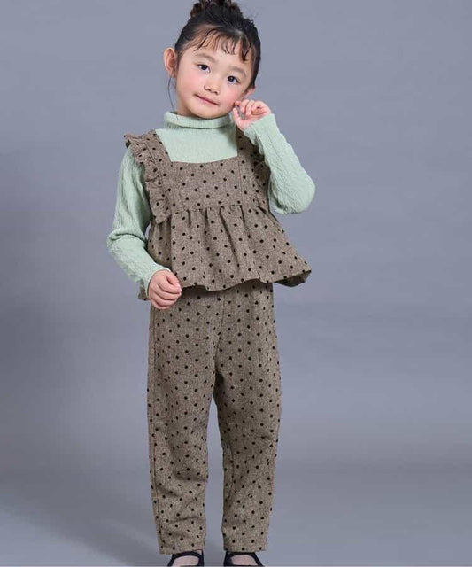 波點圖案揹帶褲風格套裝 10分褲