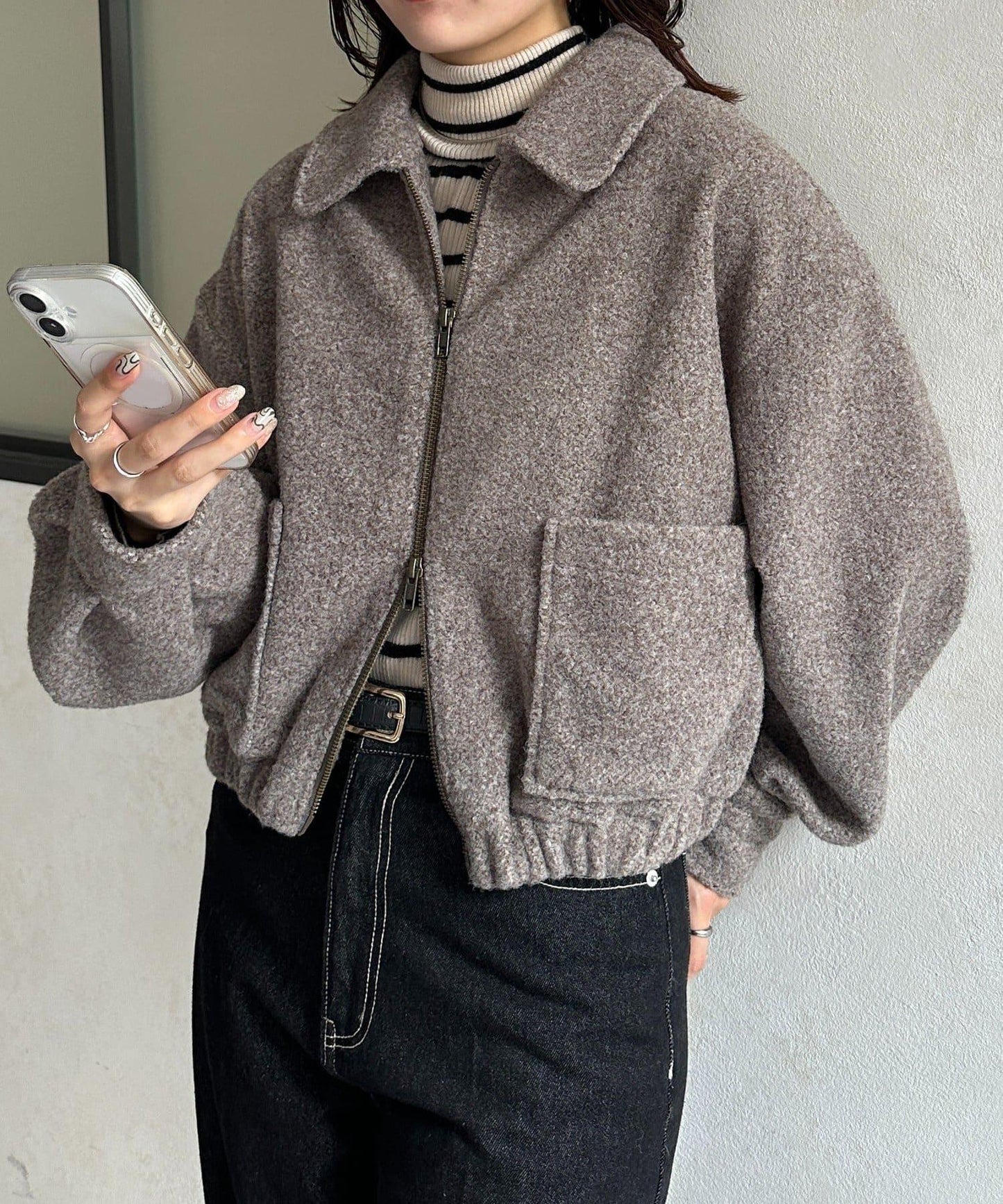 不鏽鋼領圈粗花呢短夾克