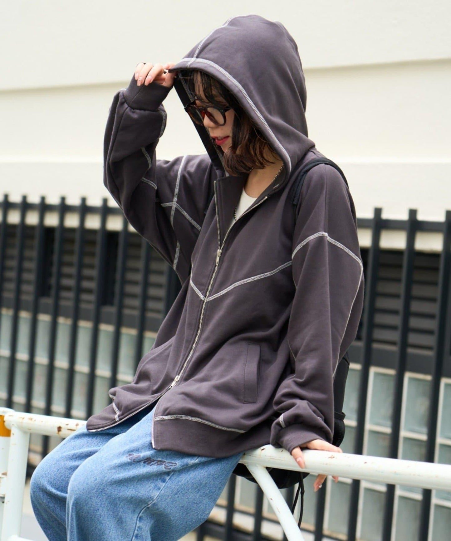 配色拼接寬鬆連帽衛衣