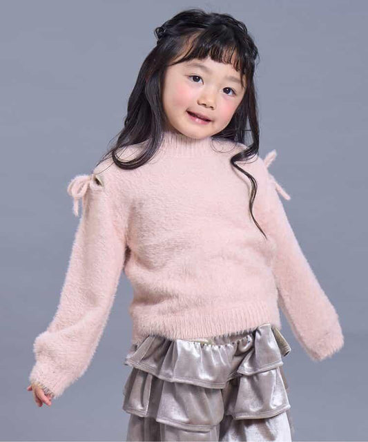 蓬鬆露肩蝴蝶結毛絨針織衫