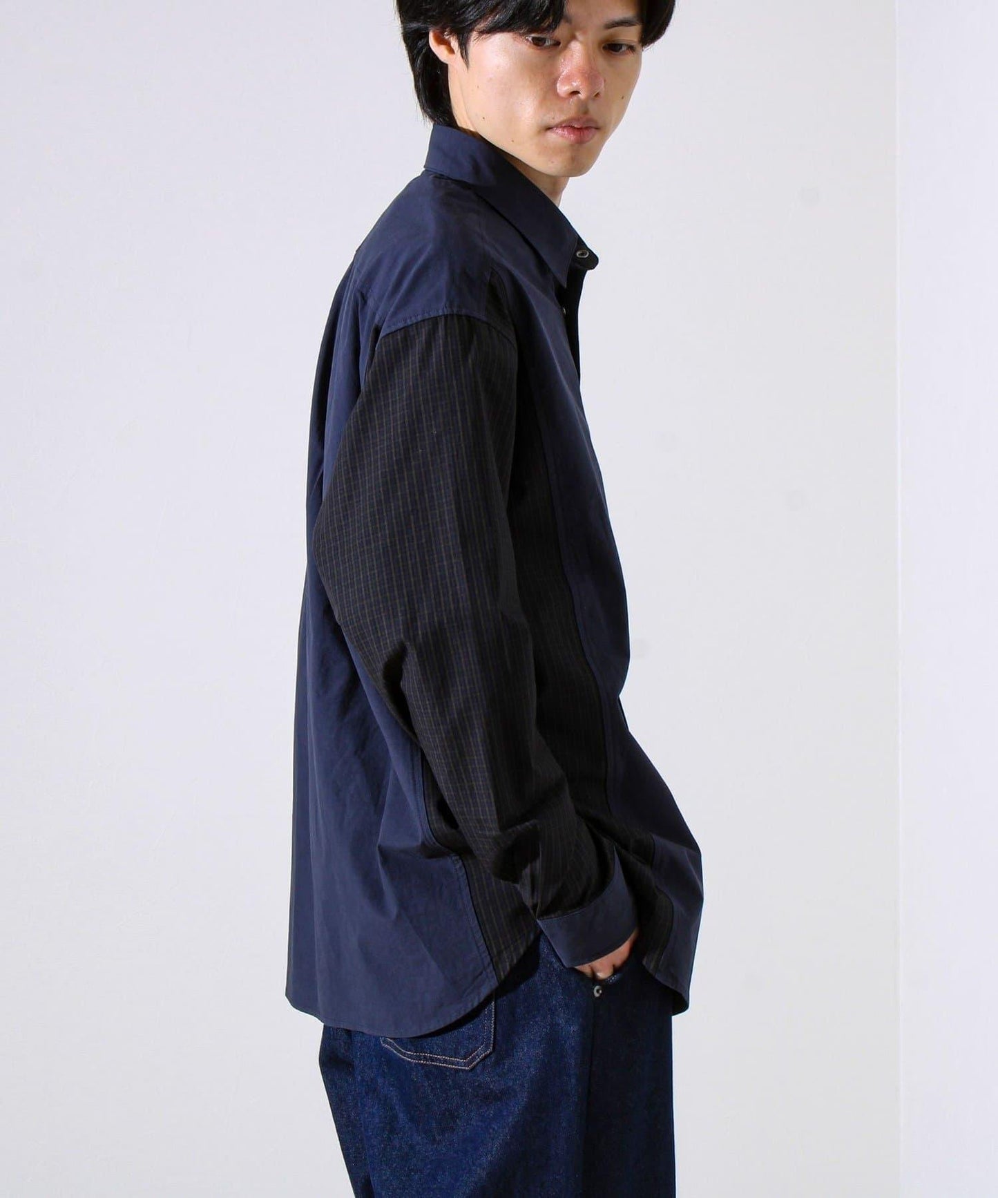 【純色×圖案趣味設計】時尚拼接長袖襯衫