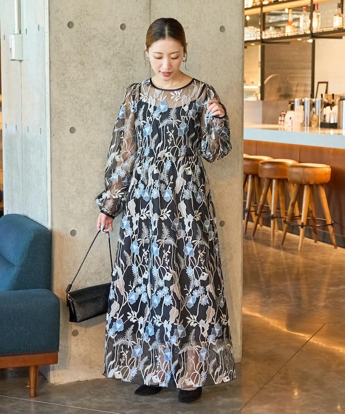 蕾絲刺繡花卉圖案連衣裙禮服