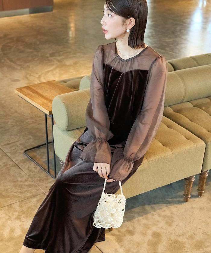 歐根紗天鵝絨拼接泡泡袖連衣裙(禮服)
