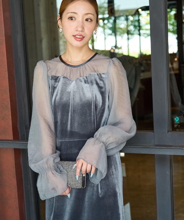 歐根紗天鵝絨拼接泡泡袖連衣裙(禮服)