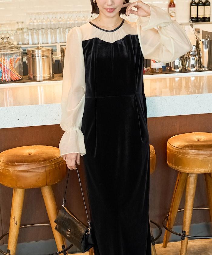 歐根紗天鵝絨拼接泡泡袖連衣裙(禮服)
