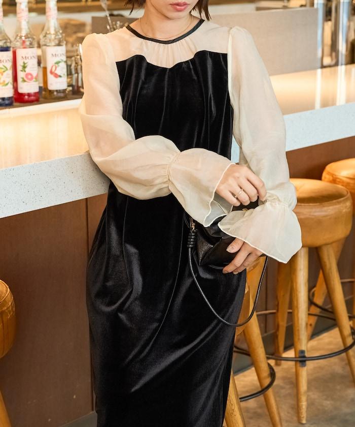 歐根紗天鵝絨拼接泡泡袖連衣裙(禮服)
