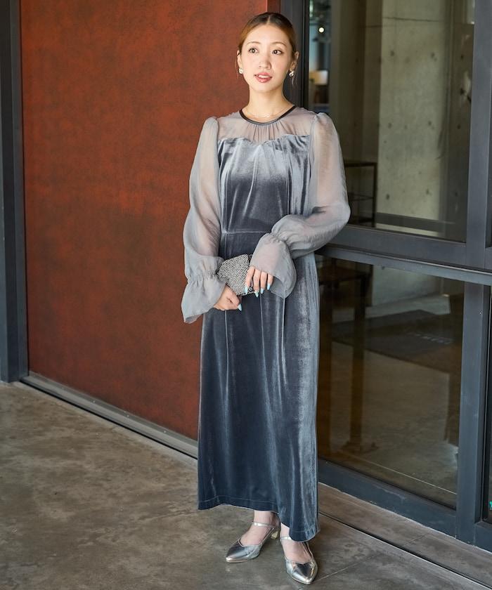 歐根紗天鵝絨拼接泡泡袖連衣裙(禮服)