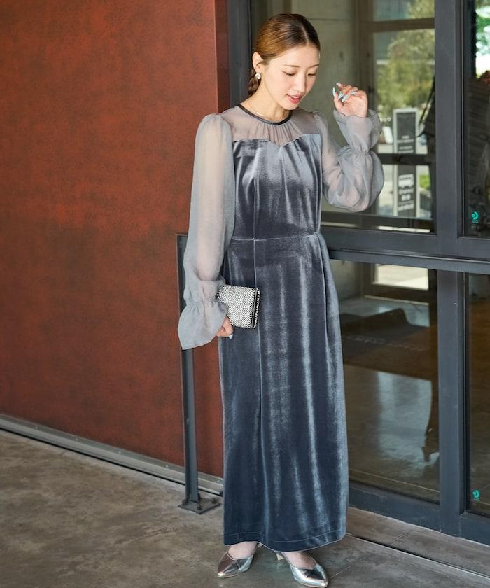 歐根紗天鵝絨拼接泡泡袖連衣裙(禮服)