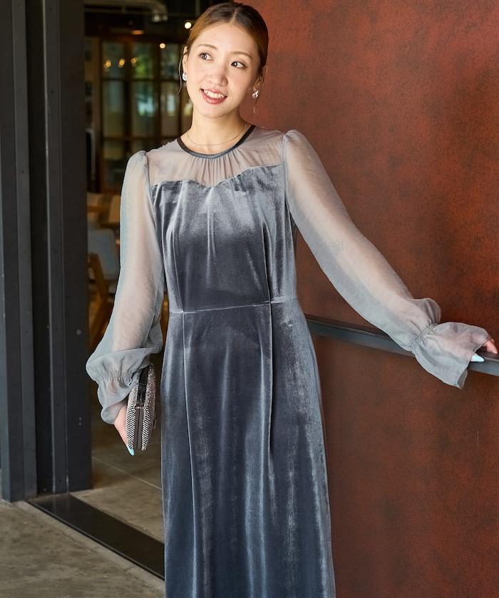 歐根紗天鵝絨拼接泡泡袖連衣裙(禮服)
