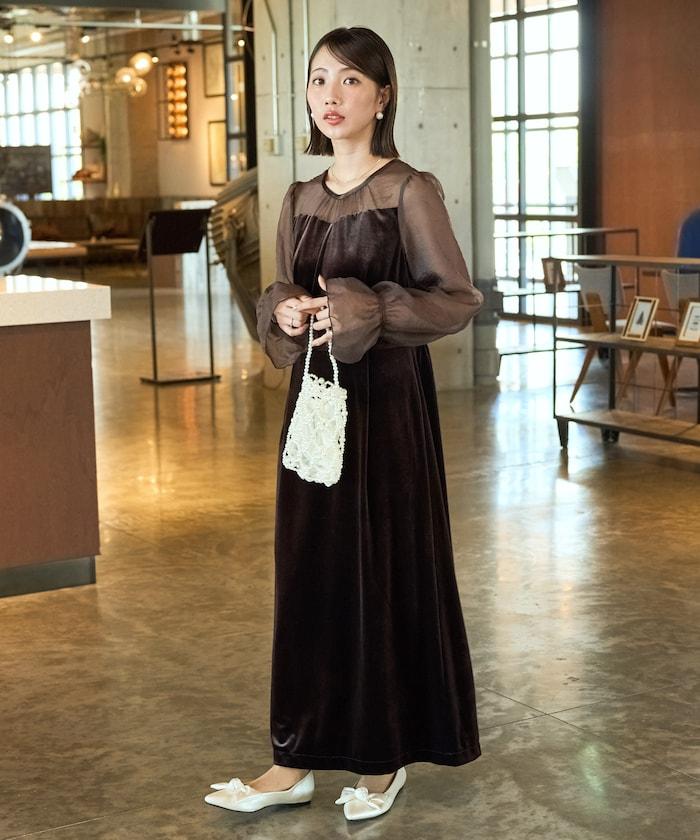 歐根紗天鵝絨拼接泡泡袖連衣裙(禮服)
