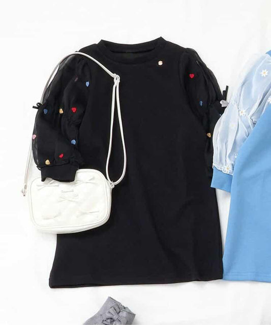 3柄刺繡網紗袖連衣裙