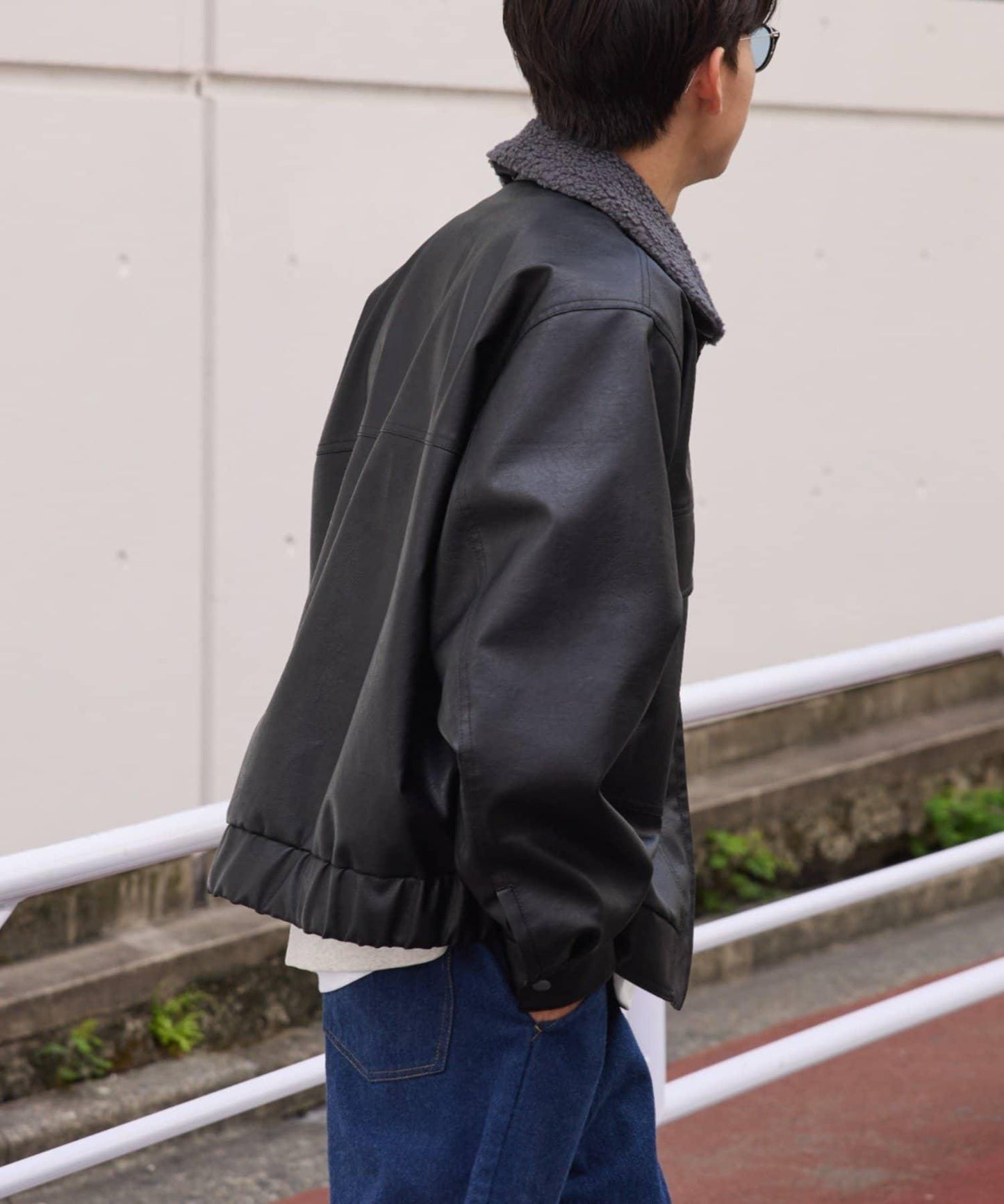 【男女同款】素皮革可拆卸羊羔絨領夾克