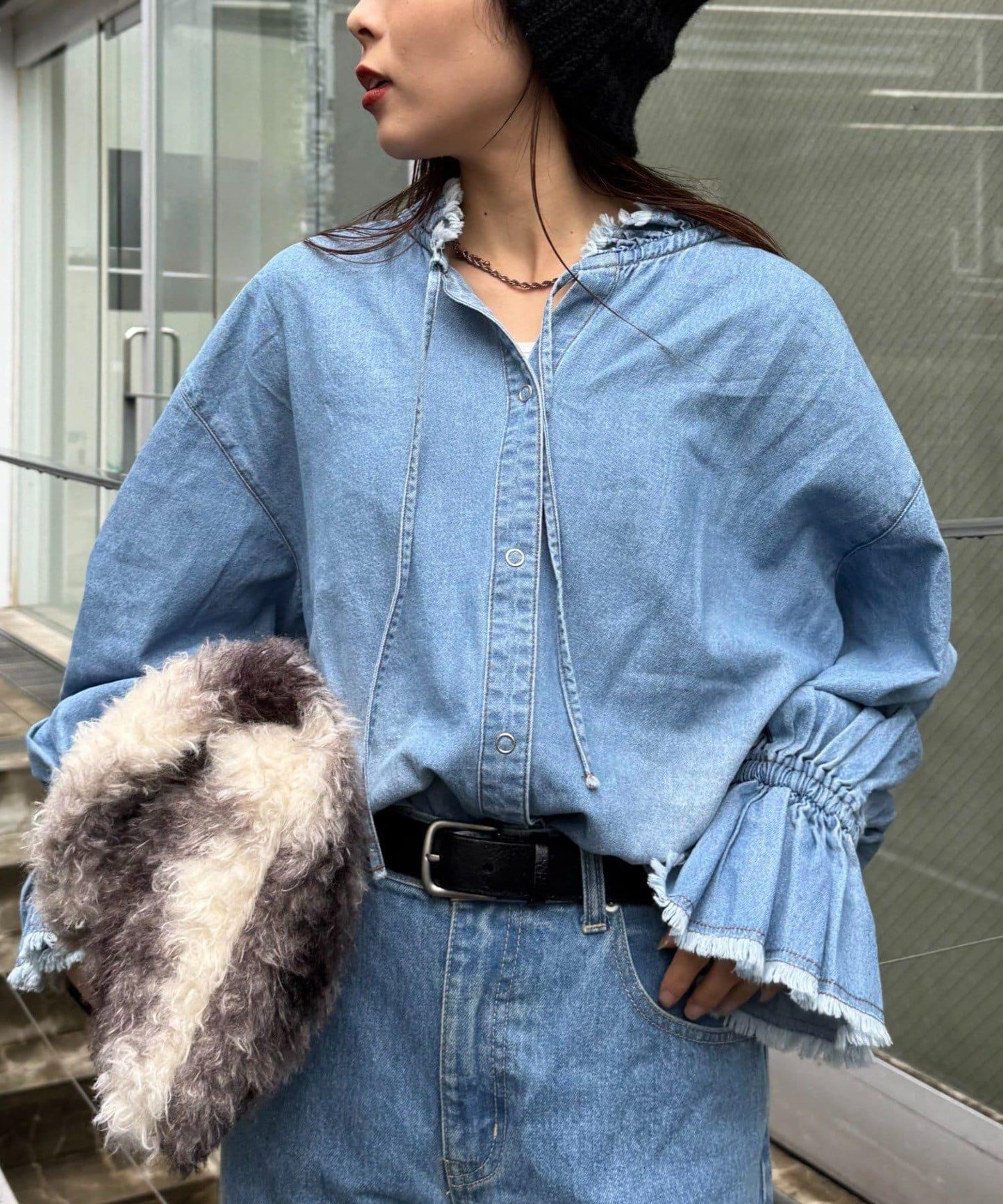 泡泡袖立領牛仔襯衫