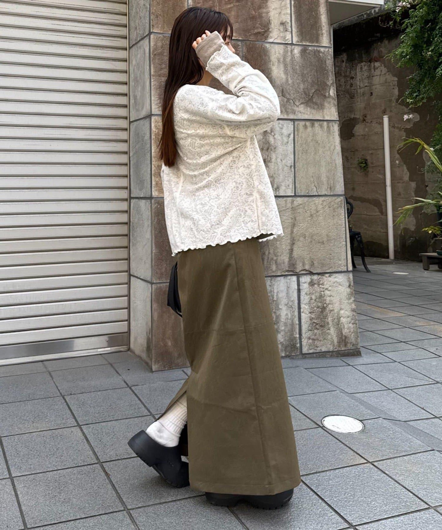 2WAY透視提花蕾絲亨利領T恤