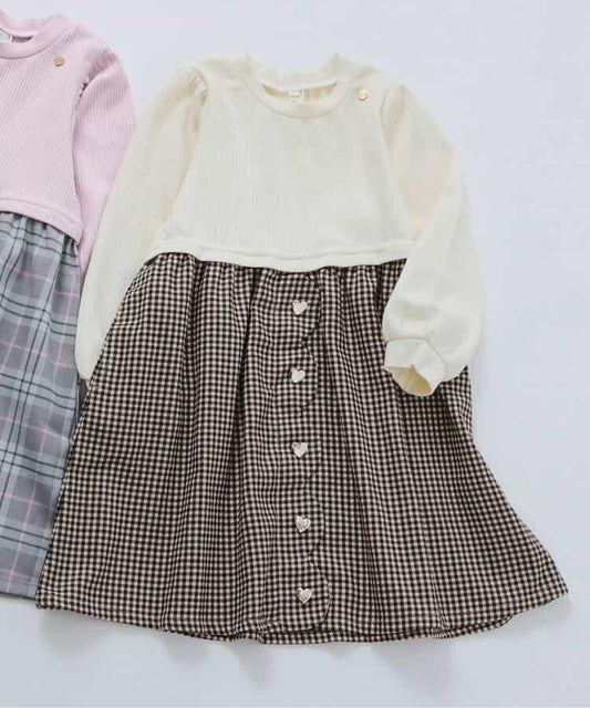 愛心紐扣波浪邊拼接連衣裙