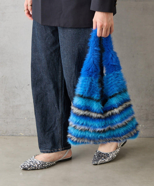 【cache cache カシュカシュ】多色條紋毛絨托特包