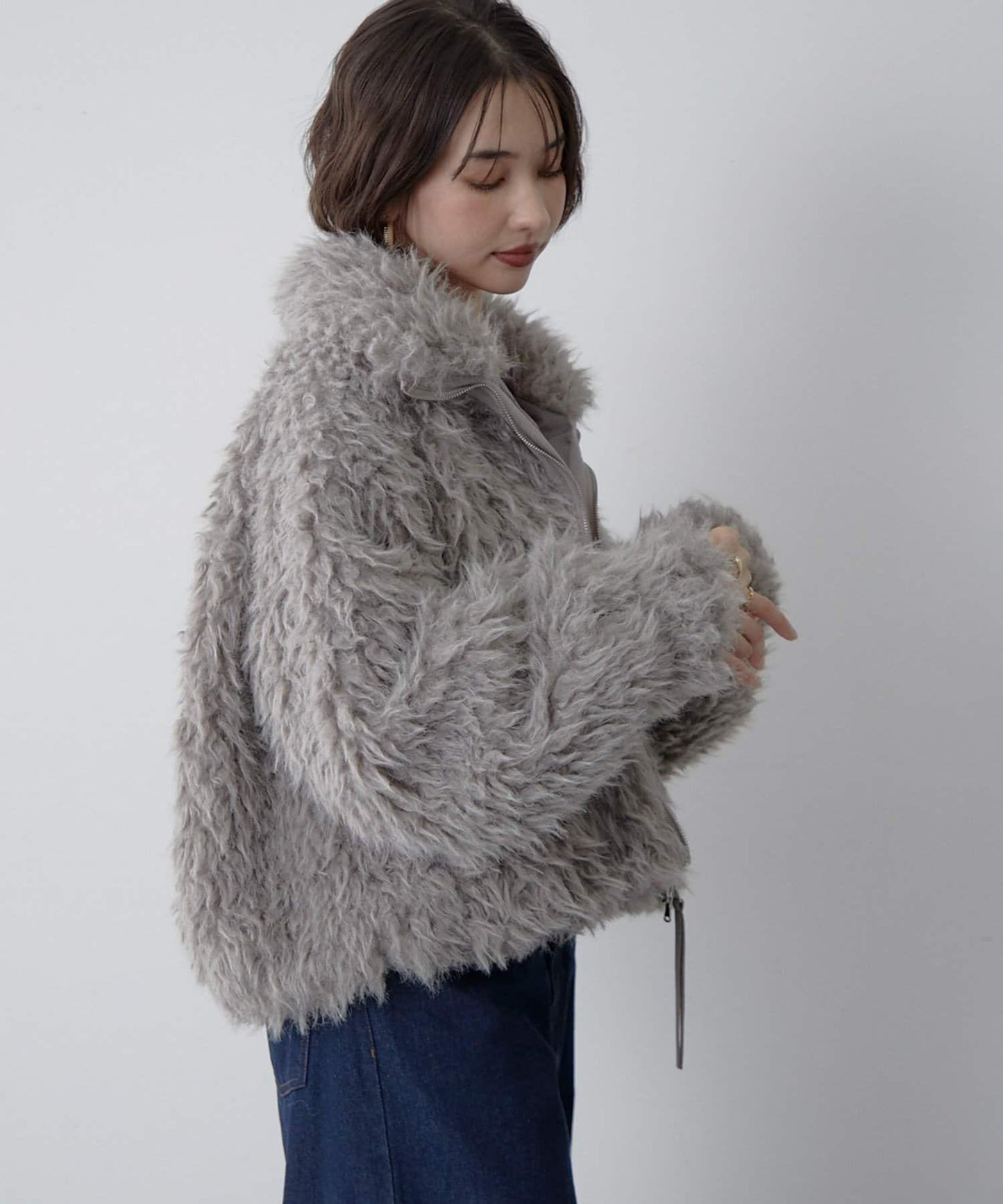【nane】【Suzuki セレクト】雙拉鍊拼接仿毛皮飛行夾克