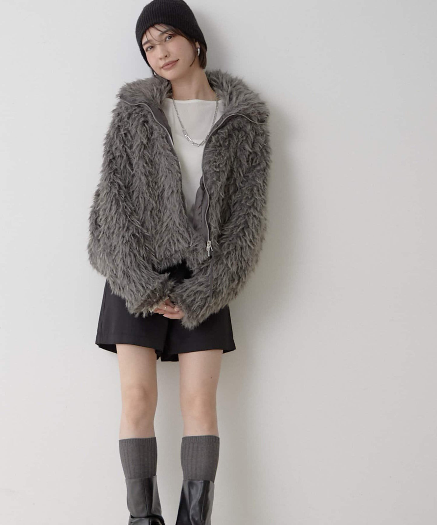 【nane】【Suzuki セレクト】雙拉鍊拼接仿毛皮飛行夾克