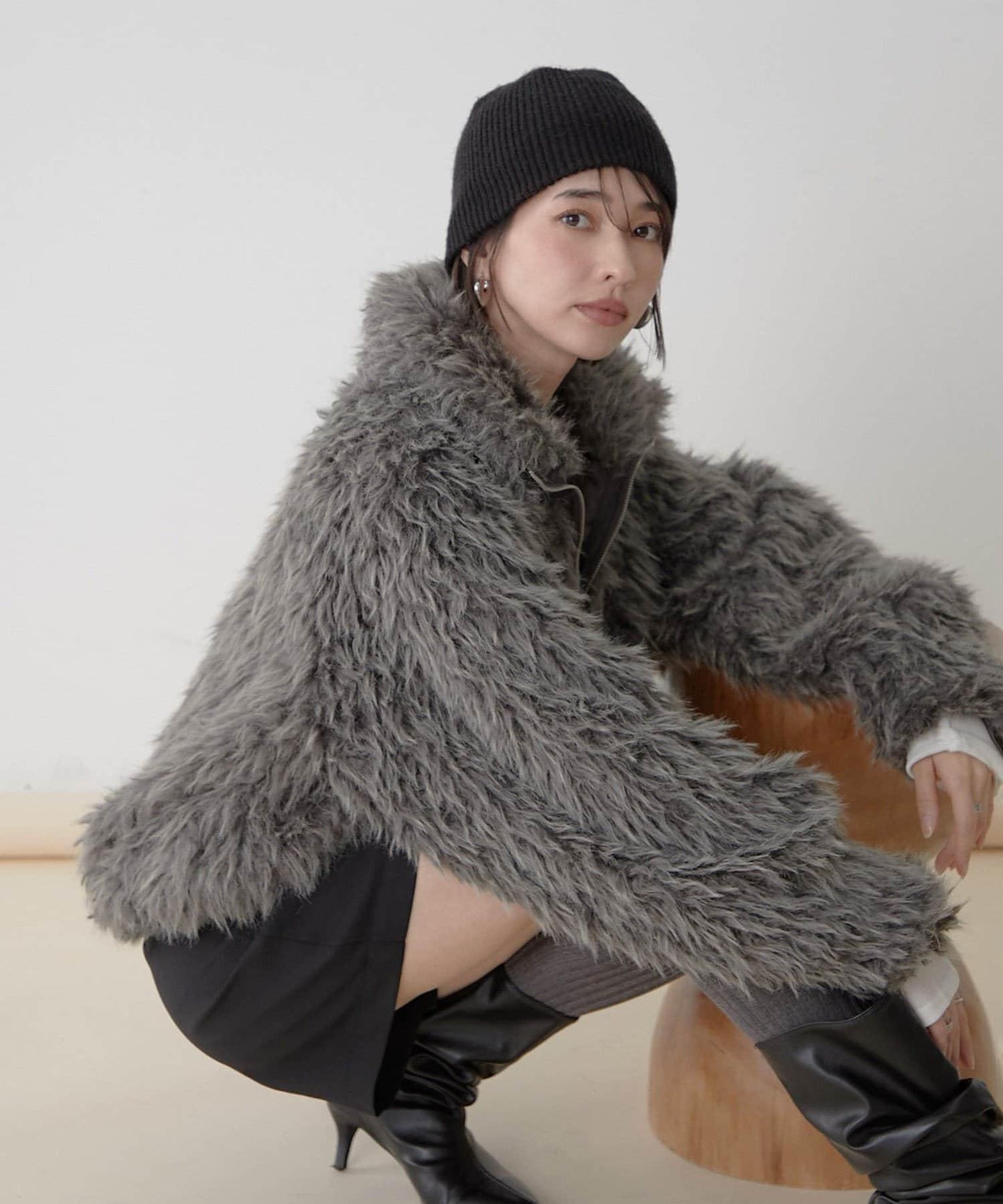 【nane】【Suzuki セレクト】雙拉鍊拼接仿毛皮飛行夾克