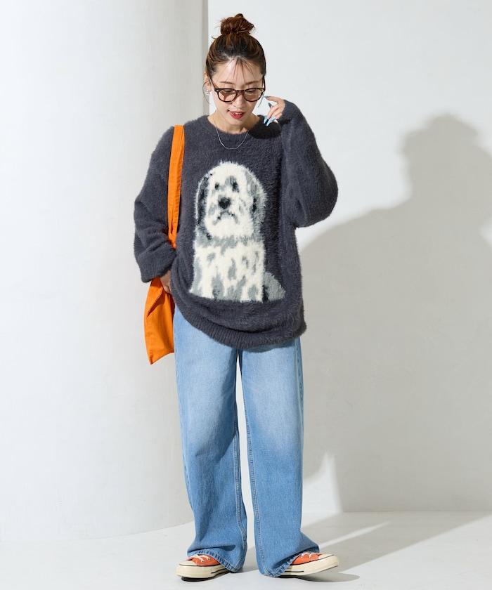 蓬鬆狗狗提花寬鬆針織套頭衫