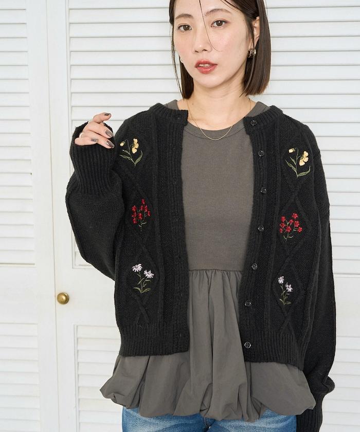 菱形圖案麻花花卉刺繡針織開衫