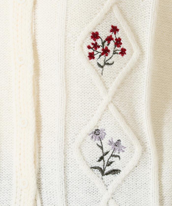菱形圖案麻花花卉刺繡針織開衫