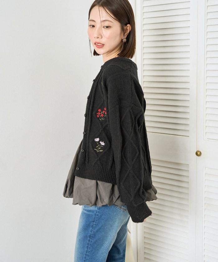 菱形圖案麻花花卉刺繡針織開衫