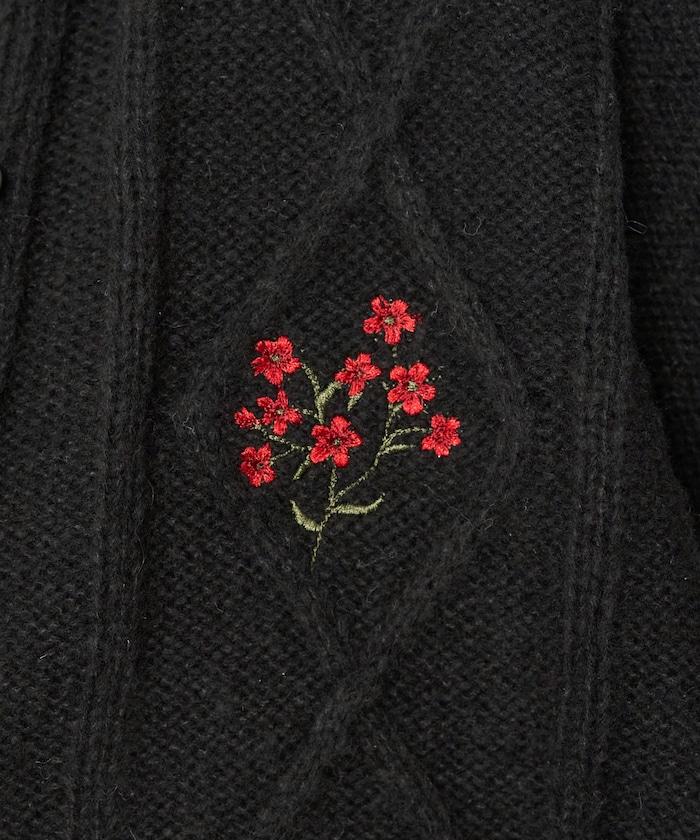 菱形圖案麻花花卉刺繡針織開衫