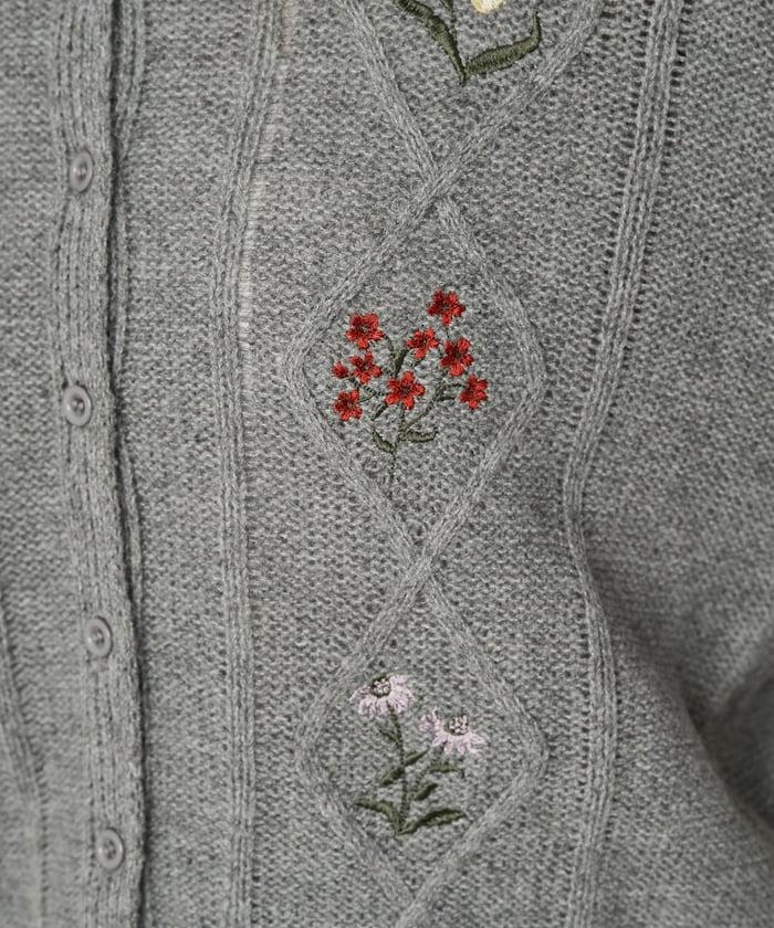 菱形圖案麻花花卉刺繡針織開衫