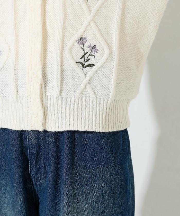 菱形圖案麻花花卉刺繡針織開衫