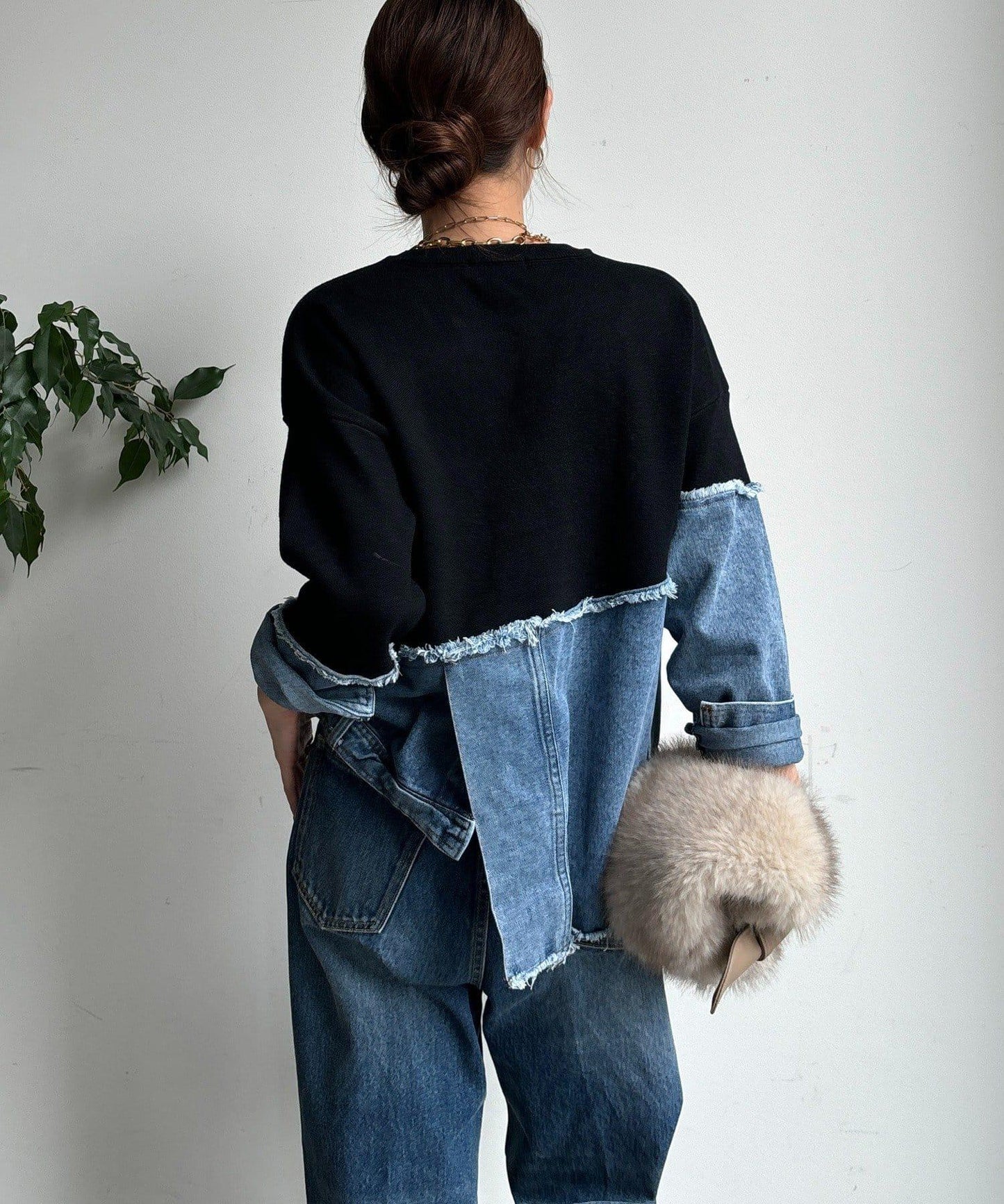 牛仔拼接針織套頭衫