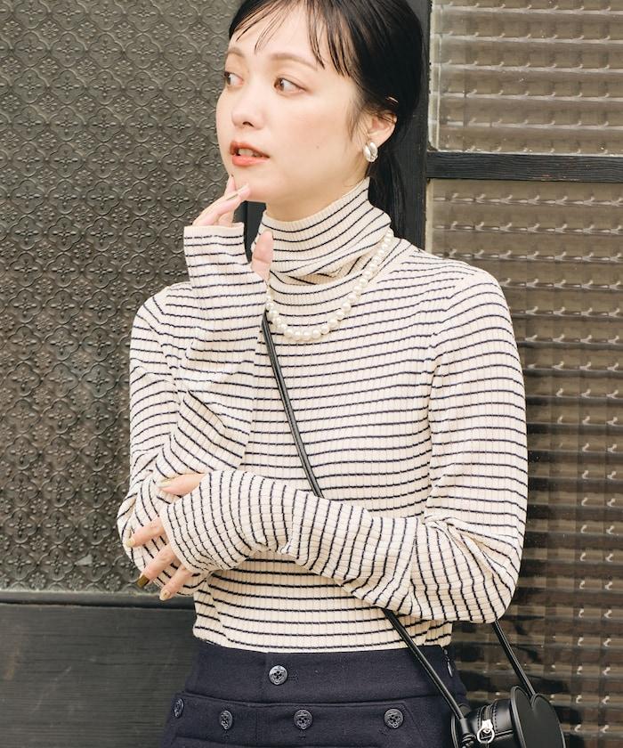 可水洗條紋高領針織衫