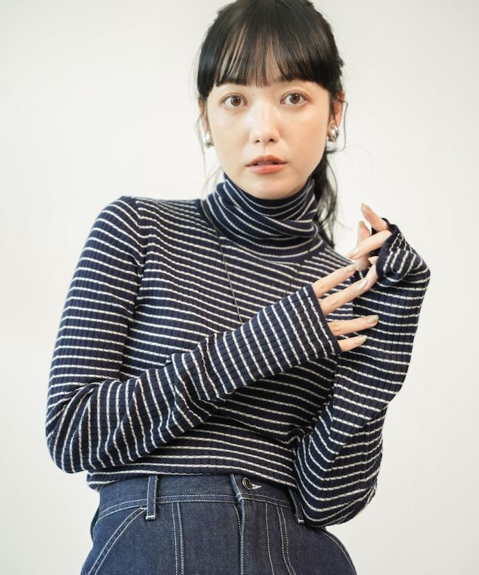 可水洗條紋高領針織衫