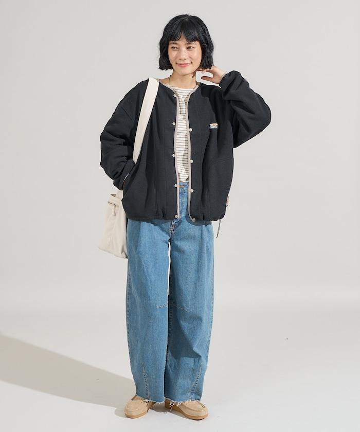 拼色抓絨按扣開衫