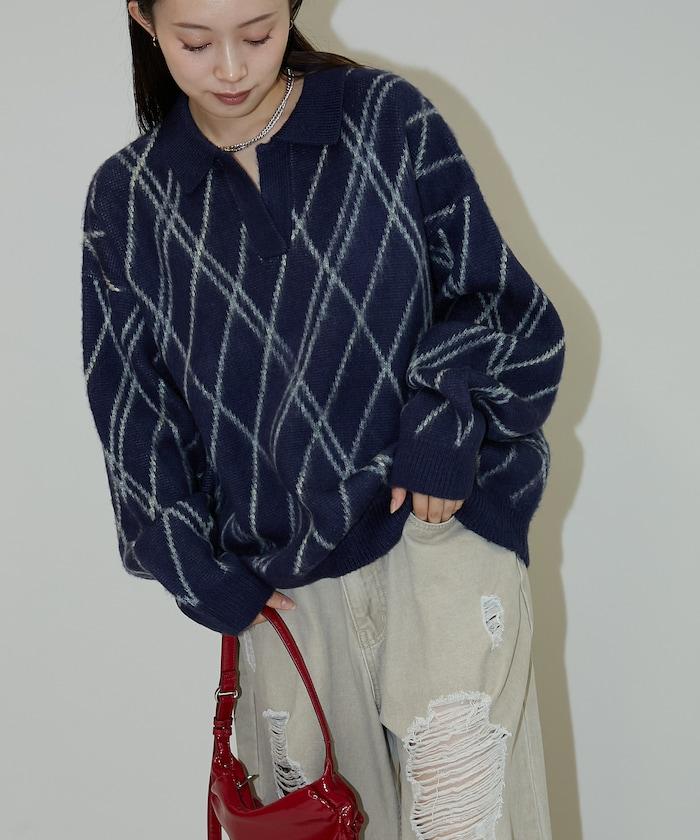 格紋仿馬海毛V領針織衫