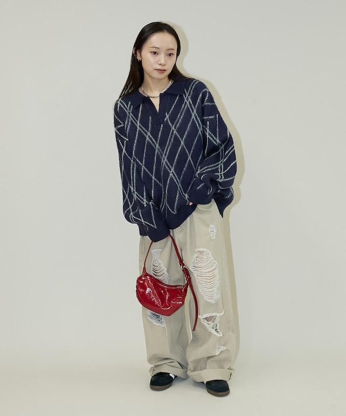 格紋仿馬海毛V領針織衫