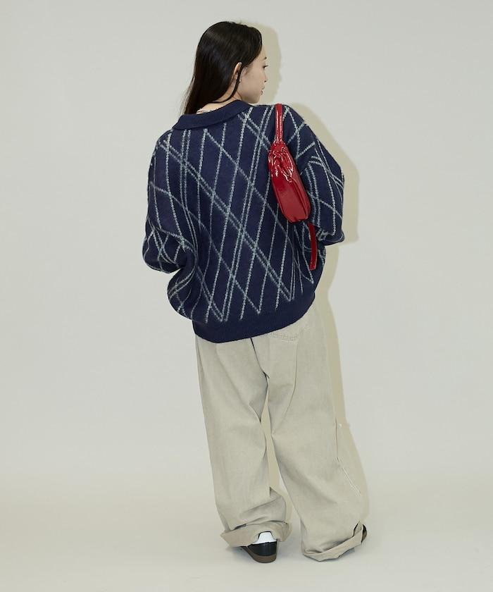 格紋仿馬海毛V領針織衫